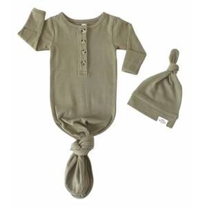 NEW FAWN & FOSTER baby organic knotted gown + top knot hat sleep sack in sage